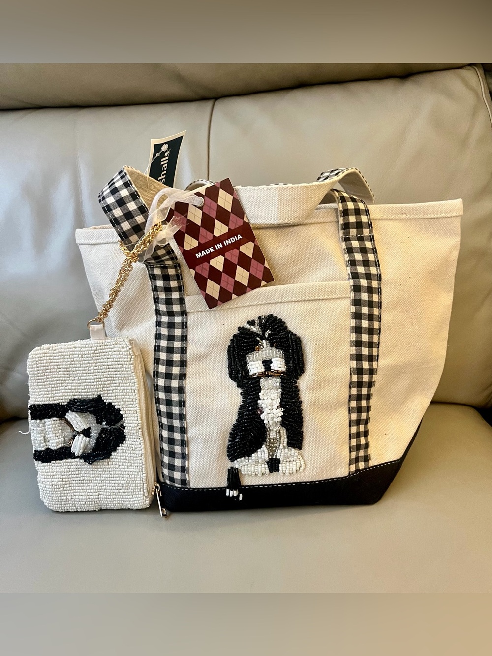 🐶 Bernedoodle Canvas Tote Bag with matching Doodle Beaded Coin Purse NWT